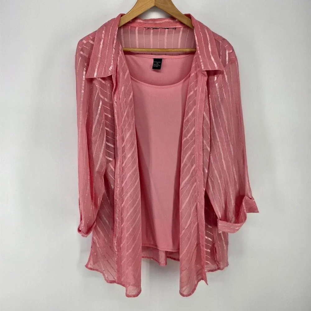 2 Piece Blouse Set Women 3X Pink Sheer Striped Button Down Camisole Soft Girl